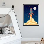 Poster enfant fusée colorée, décor spatial