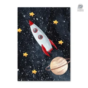 Poster fusée pour enfant sur fond étoilé