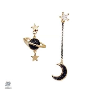 Boucles d'oreilles asymétriques Planète et Lune noire et or