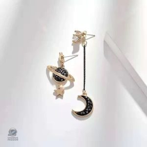 Boucles d'oreilles noires avec design Planète et Lune