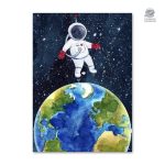 Poster enfant astronaute sur fond de Terre, décoration ludique