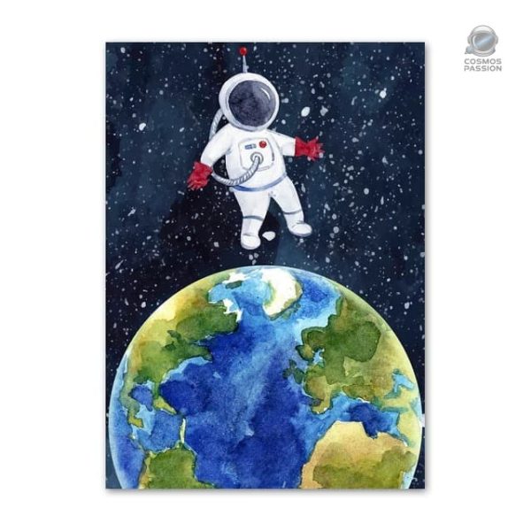 poster-enfant-astronaute-terre-1 Poster enfant astronaute sur fond de Terre, décoration ludique