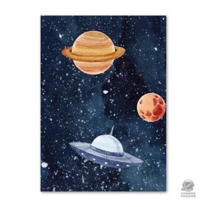 Poster enfant représentant un ovni dans un décor spatial coloré