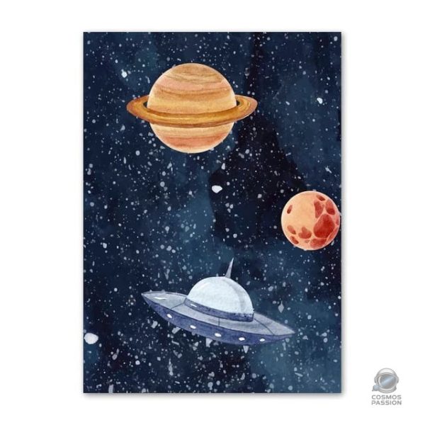 Poster enfant représentant un ovni dans un décor spatial coloré