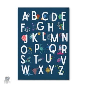 Poster Alphabet Spatial avec lettres colorées et design galactique