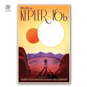 Affiche artistique représentant Kepler 16b et ses couleurs rétro