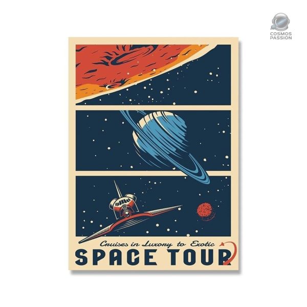 Poster rétro voyage spatial avec design artistique.