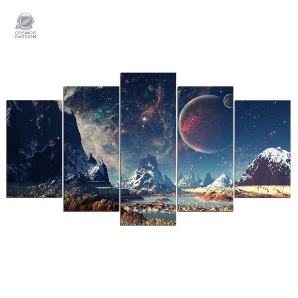Tableau représentant un lac sous un ciel étoilé et cosmique