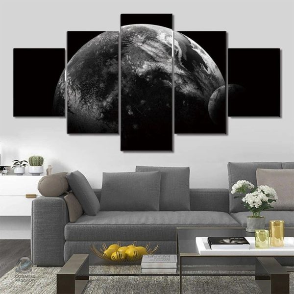tableau-planete-noir-et-blanc-1 Tableau noir et blanc représentant une planète stylisée