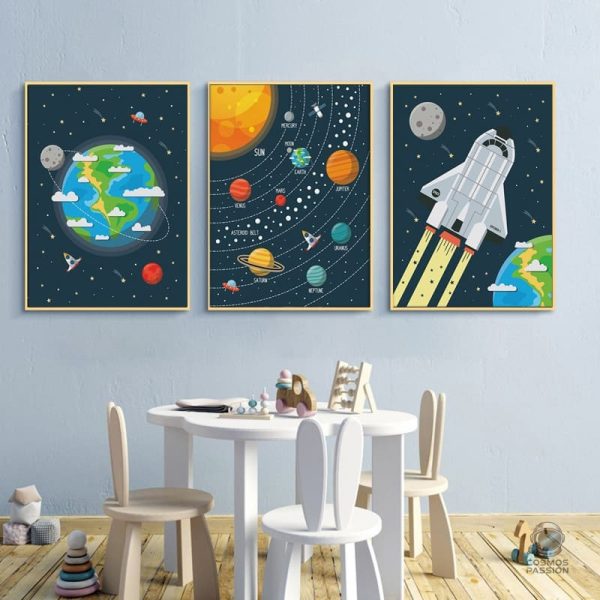 Affiche illustrant une navette dans l'univers étoilé